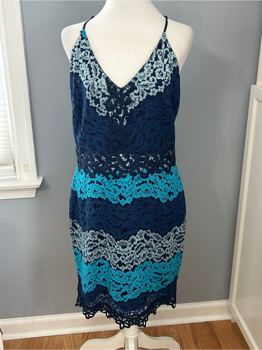 NWT Greylin Katrice Crochet Lace V-Neck Dress XL Navy Blue Teal Cami Slip